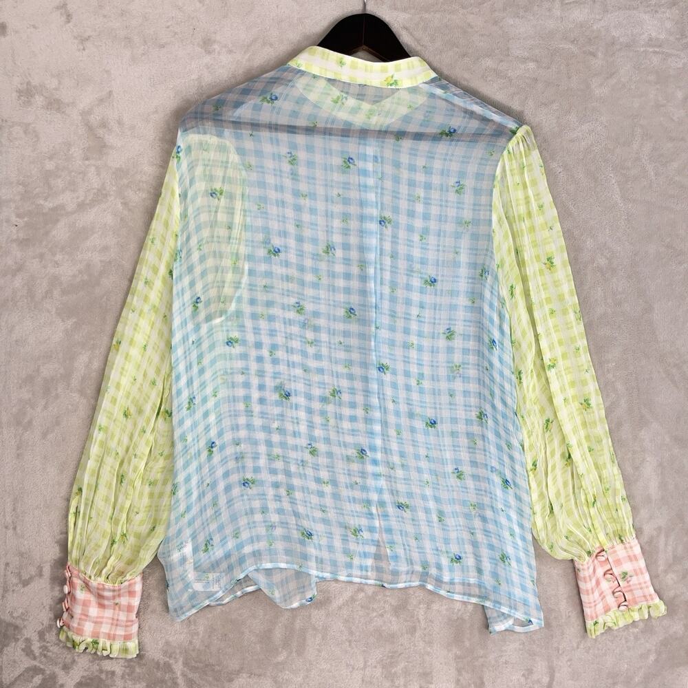 Ghost London Bella Blouse Medium Gingham Botanical Semi Sheer Crepe Picnic-core - Picture 6 of 13